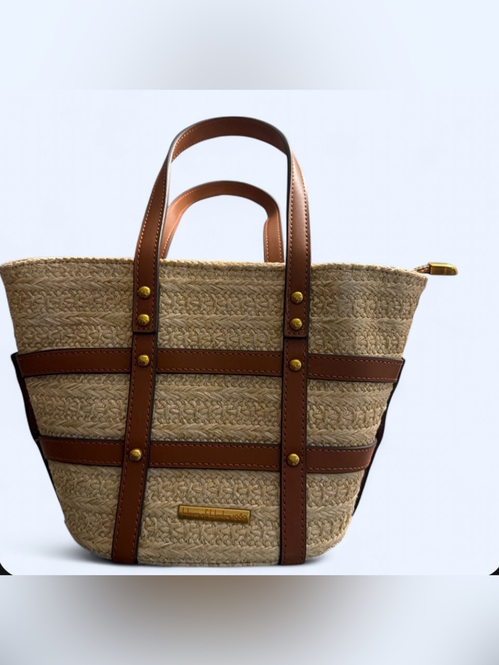 House of Harlow 1960 Straw Tote with Brown Leather Trim and Gold Accents